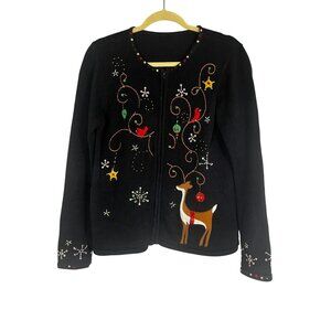 Festive Holiday Sequin Knit Sweater Black L Preppy Classic Chic Artsy Woodland